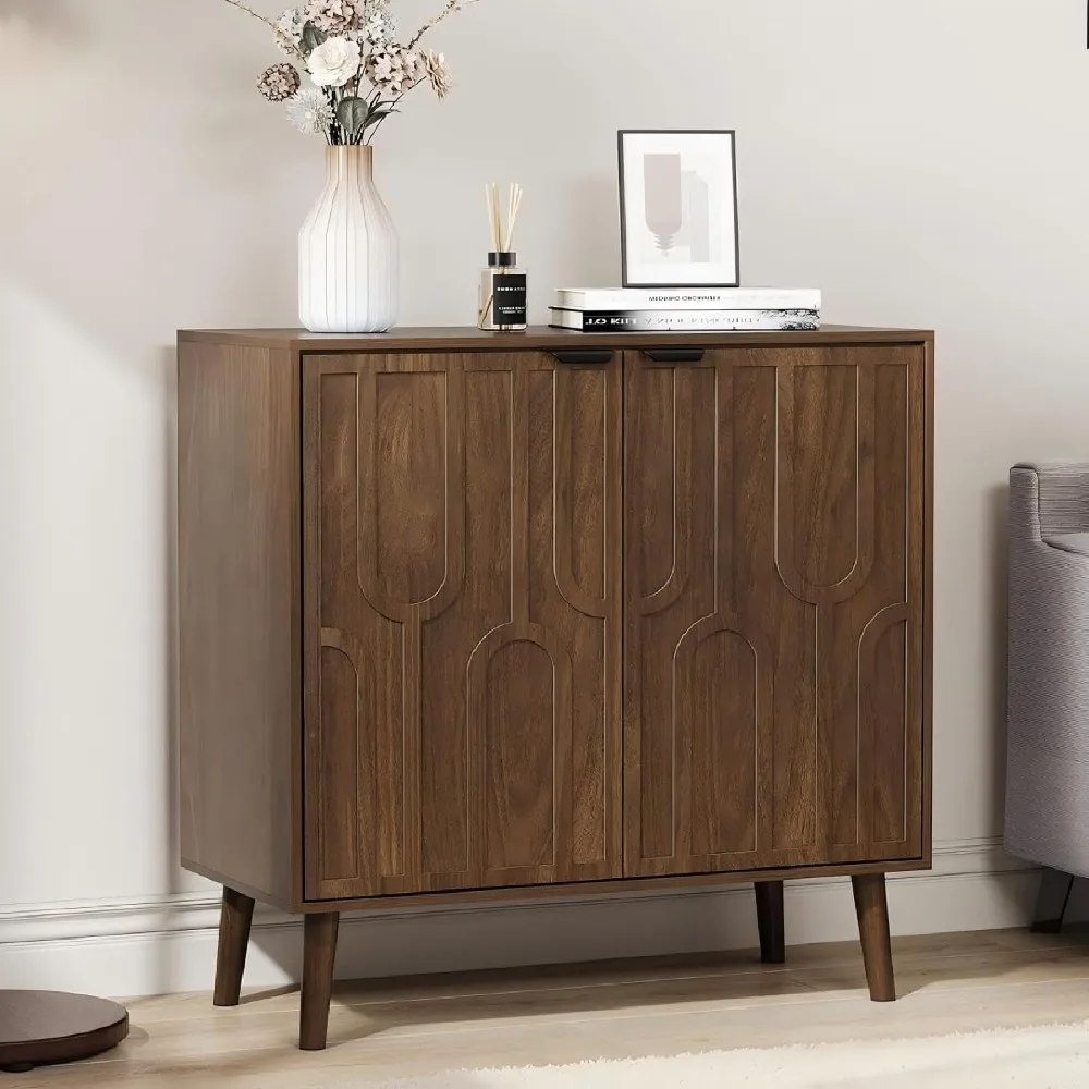 

Side Panel Buffet Cabinet, Farmhouse Wooden Cabinet with U-shaped Slotted Door, Kitchen, Living Room