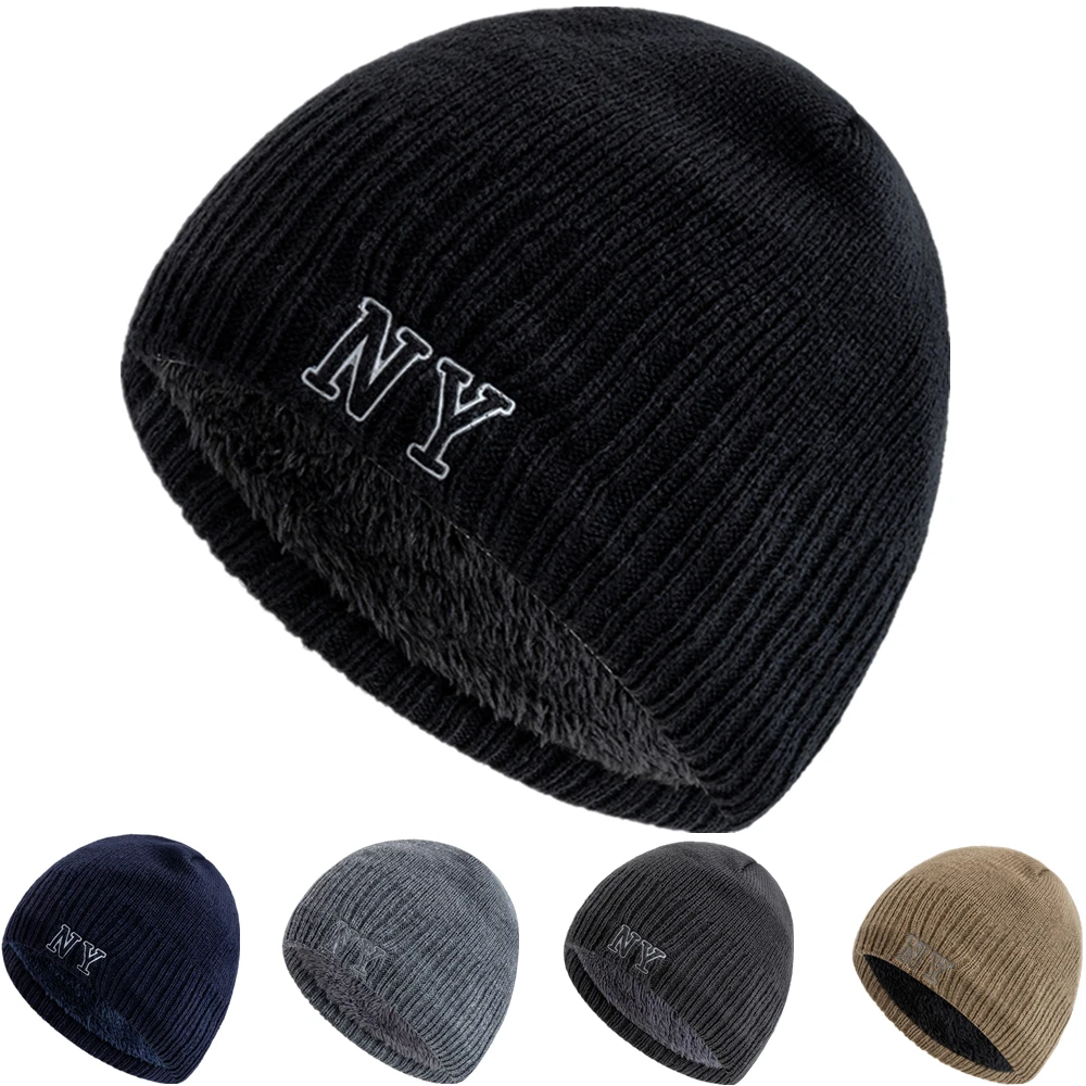 

Новый стиль, унисекс, осенне-зимние шапки с плюшевой меховой подкладкой для мужчин и женщин, теплая шапка-бини, повседневная зимняя лыжная вязаная шапка с принтом NY