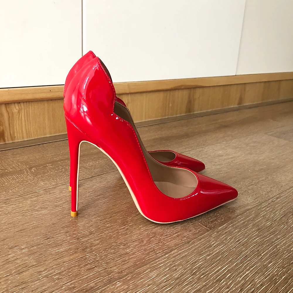 Veowalk V Side Cut Women Red Patent Pointy Toe Stiletto Pumps Sexy Ladies Wedding Bridal High Heel Shoes Colors Customize