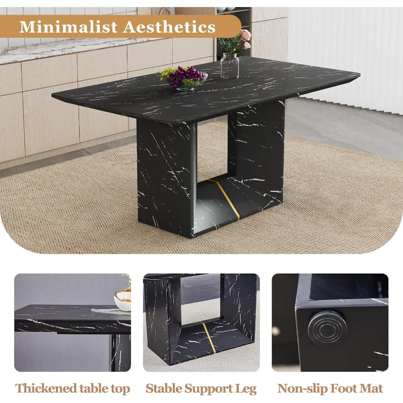 Dining Table Set for 6, 63'' Kitchen Table and Chairs for 6, Black Faux Marble Table and 6 PU Leather Modern Chairs Set