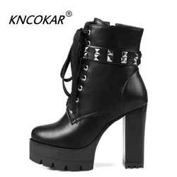 KNCOKAR The new autumn/winter fashion ultra high heels and short boots with a waterproof platform rivet and female boots