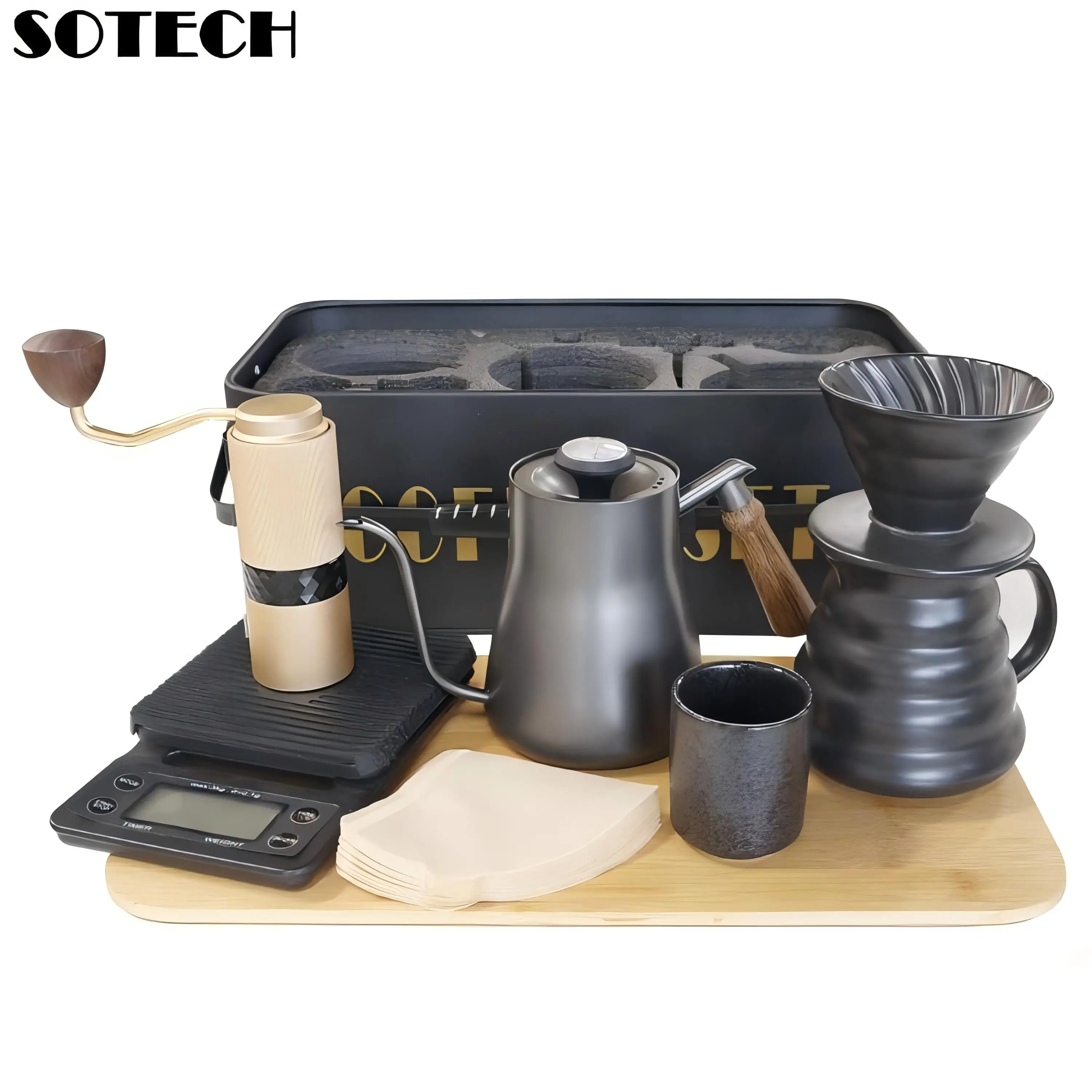 Luxury Pour Over Coffee Maker Set, Dripper Server, Coffee Kettle, Manual Grinder, Filter Paper, Metal Box, Outdoor Camping Gift