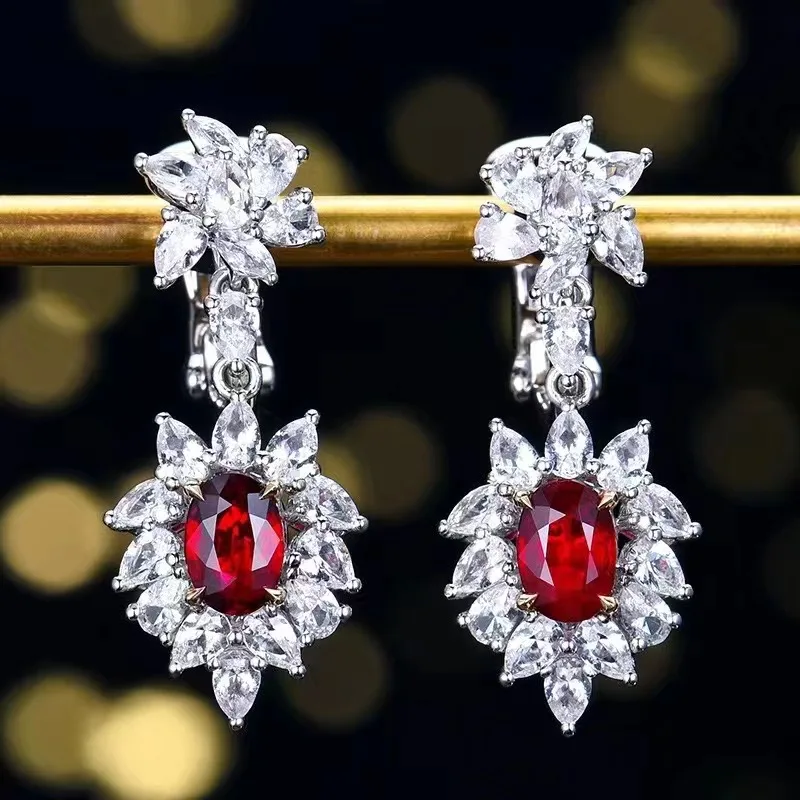 High-end earrings 1.08 carat 18K gold inlaid with white sapphire natural ruby earrings earrings female wholesale