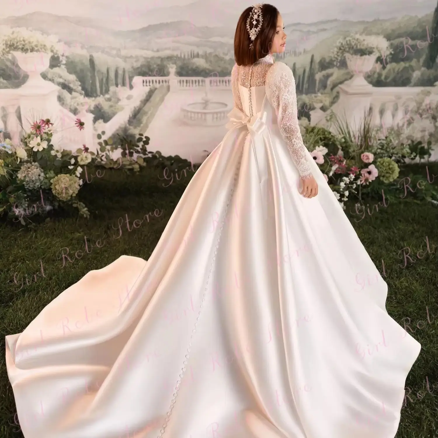 Elegant Princess Satin Flower Girl Dress For Wedding Full Sleeves Beading Floor Length Modest First Communion Gown Customized