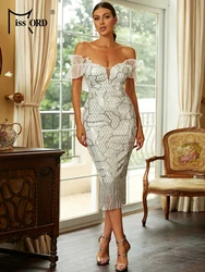 Missord White Sequin Fringed Midi Dresses Elegant Women Off Shoulder Ruffles Bodycon Party Prom Dresses Formal Gown