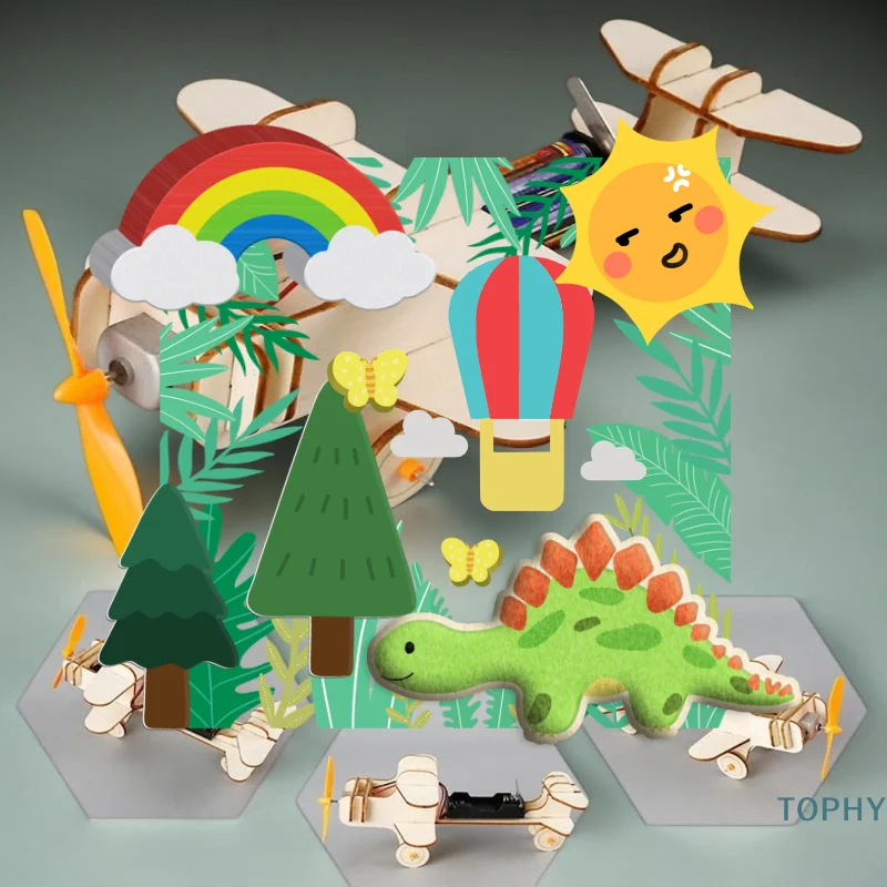 Um conjunto de projeto de avião de madeira DIY, brinquedos científicos STEM para crianças, material escolar educacional