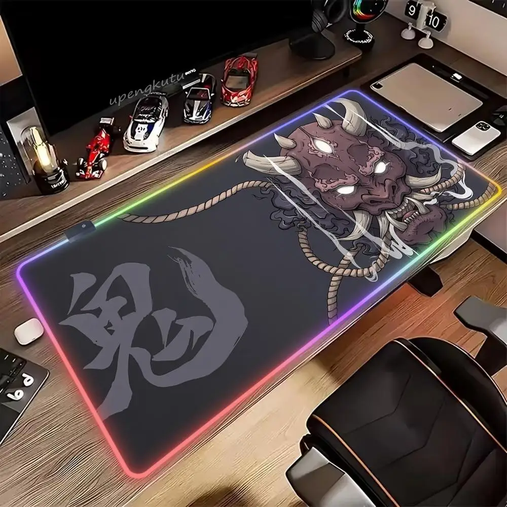 

Коврик для мыши «Маска самурая-демона» RGB HD XXL, милый коврик для мыши и клавиатуры, большой настольный коврик для ПК, игровой коврик для ноутбука, светодиодный настольный коврик
