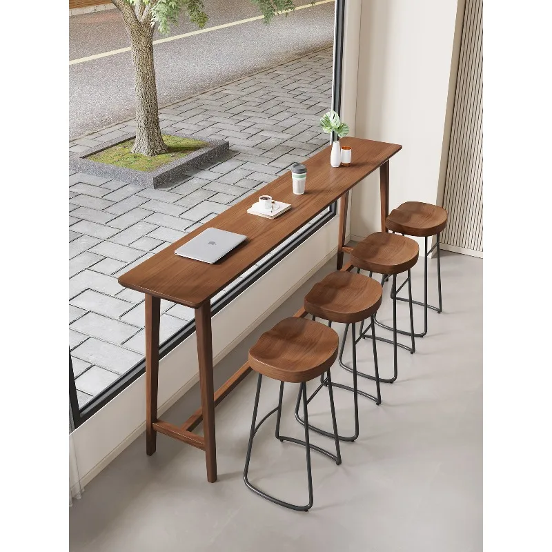 Milk tea convenience store solid wood bar table commercial cafe window high table bar against the wall long table 1219