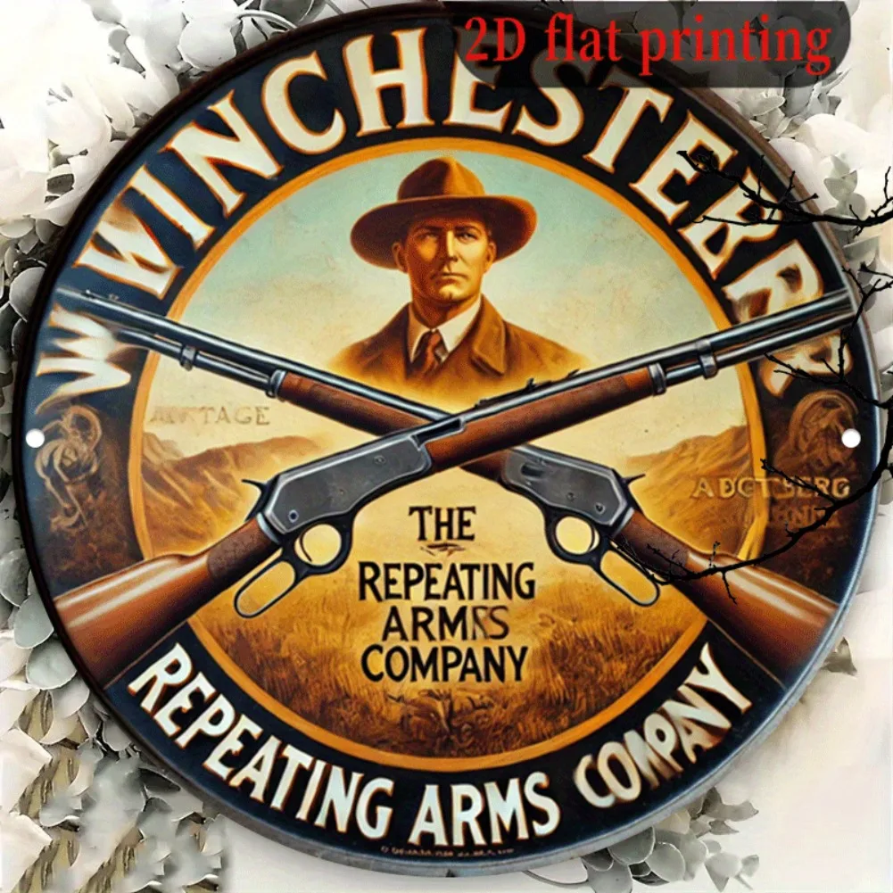 1pc 8x8 Inch 2D Flat Round Aluminum Sign - Winchester Repeating Arms Vintage Plaque, Western Shotgun Decor for Bar/Home