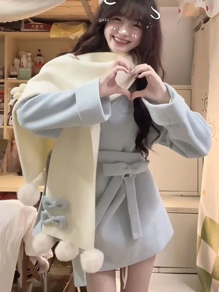 Jesienno-zimowy płaszcz wełniany w stylu japońskim preppy damski Kawaii kokarda kreskówkowy miś szalik luźne długie kurtki słodkie Y2K Lolita odzież wierzchnia