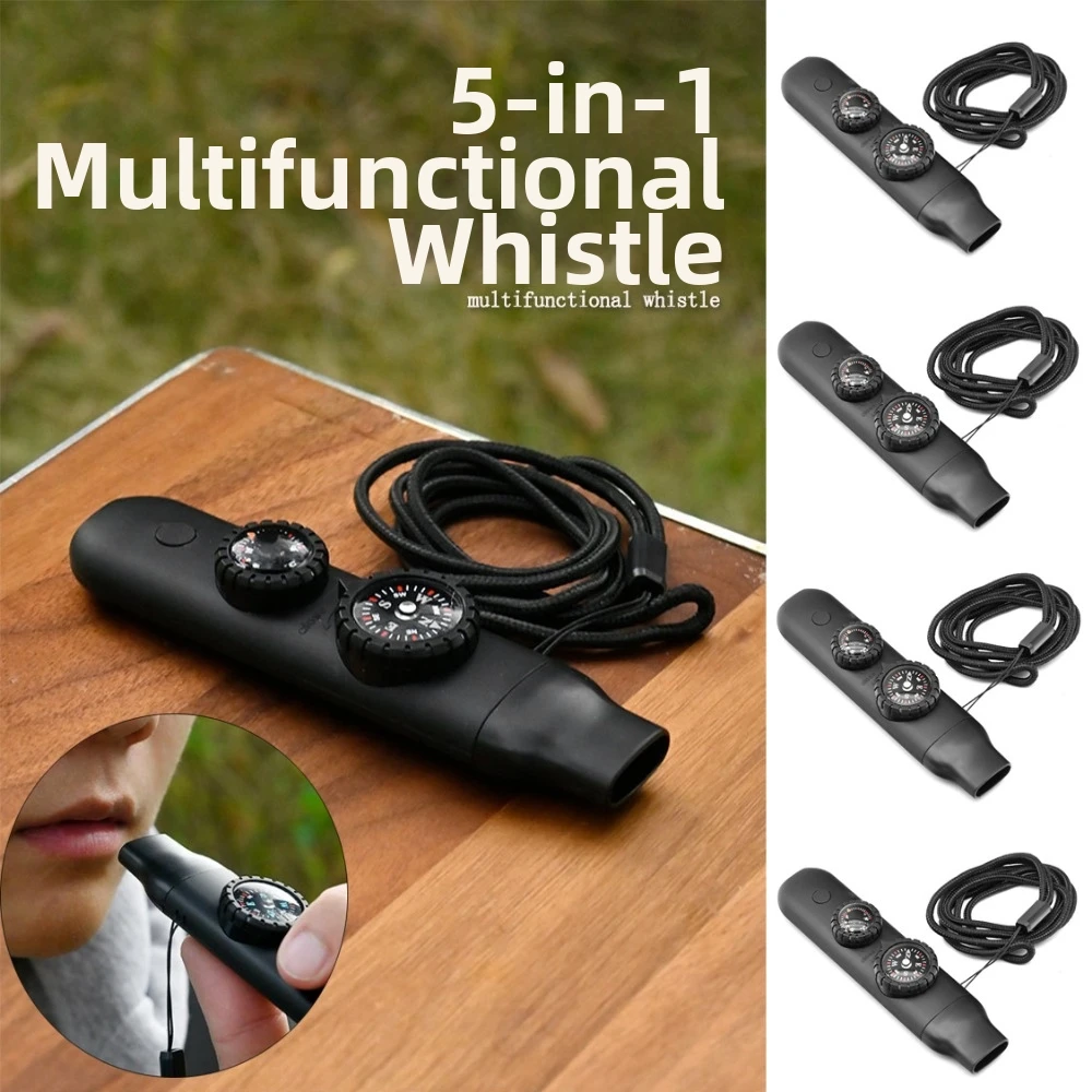 High Quality 7-in-1 Outdoor Survival Whistle Multifunctional Black Thermometer Compass with LED Light Camping Hiking Compass