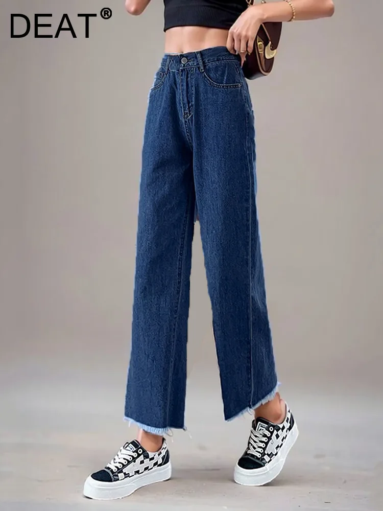 

DEAT Trendy Fashion Women's Plush Edge Straight Casual Jeans 2024 Summer New High Waist Pockets Denim Pants Female CPG1540