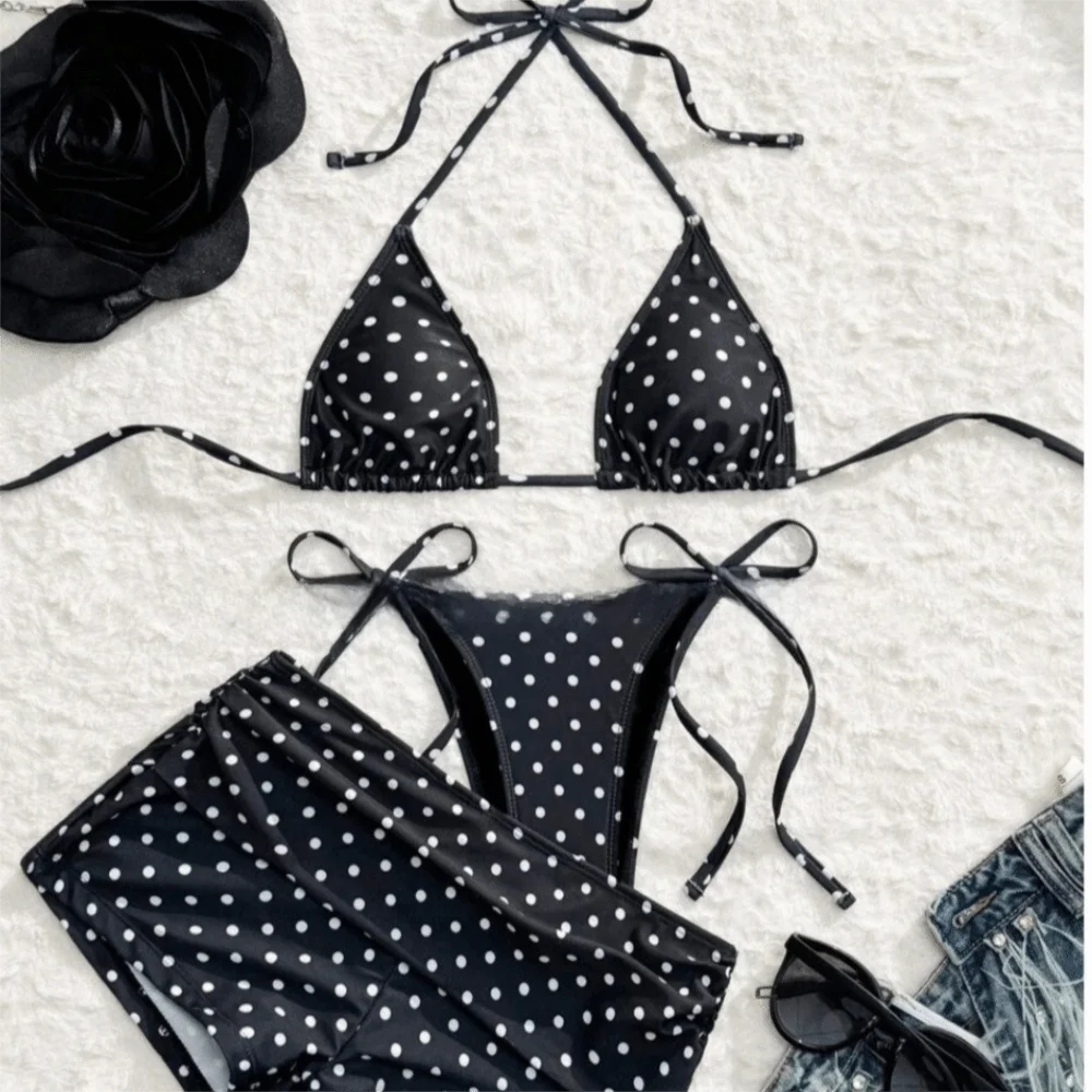 3pcs Beachwear Clothing Halter 3-Piece Swimwear Dot Print Lace Up Women Swimsuit Slim Fit Deep V Bikinis Set Beach Wear