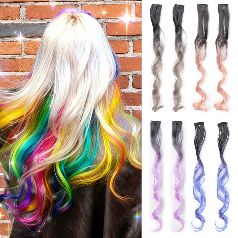 

2pcs Clip-On Curly Wavy Hair Extensions, Colorful Synthetic Fiber Hair Pieces For Y2K Party, Women Hair Accessories