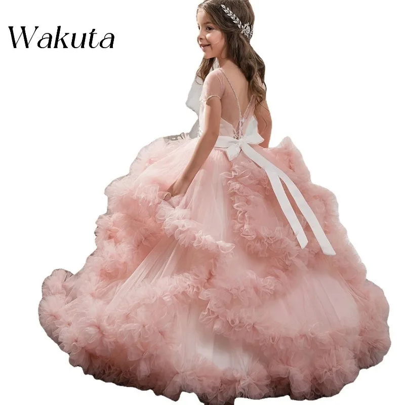 Wakuta-Vestido De gasa sin mangas con cuello redondo para niño, bata De princesa, mopa De plumas, velo esponjoso, Vestido De noche para Fiesta