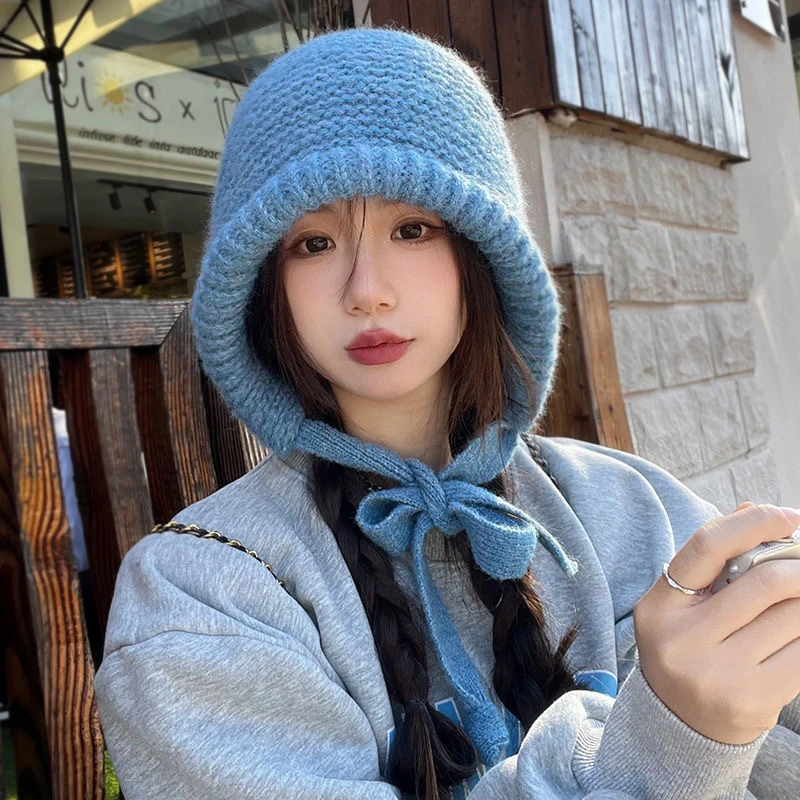 Solid Color Women Women Knitted Warm Hooded Beanie One Piece Scarf Cap Ear Protection Autumn Winter Balaclava Hat