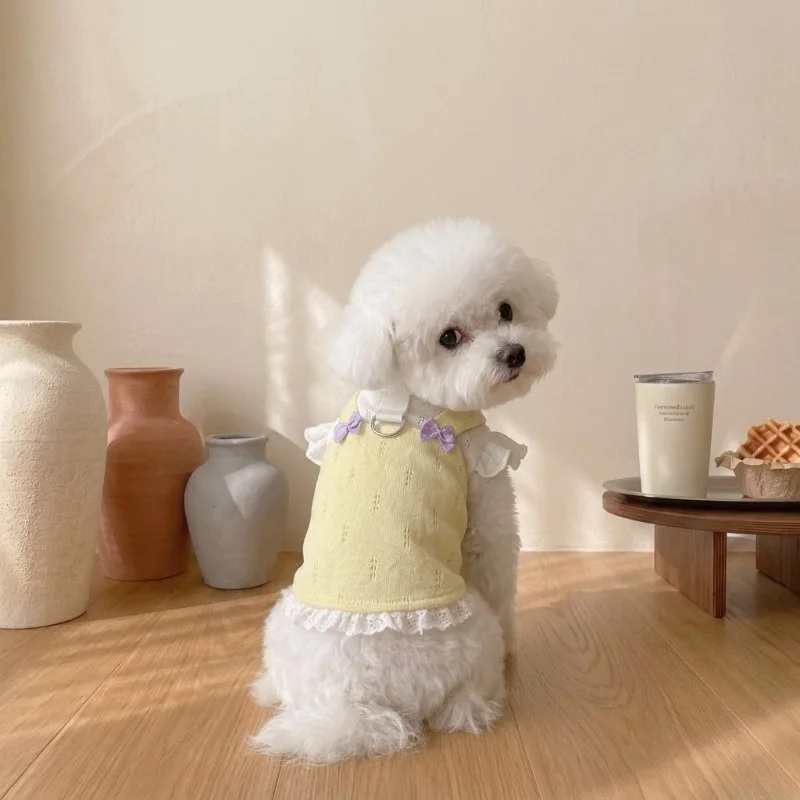 

Ins Puppy Flower Lace Ruffled Dog Clothes Summer Dopamine Pet Vest Striped Anti Shedding Fur Dog Sling Teddy Cute T-shirt