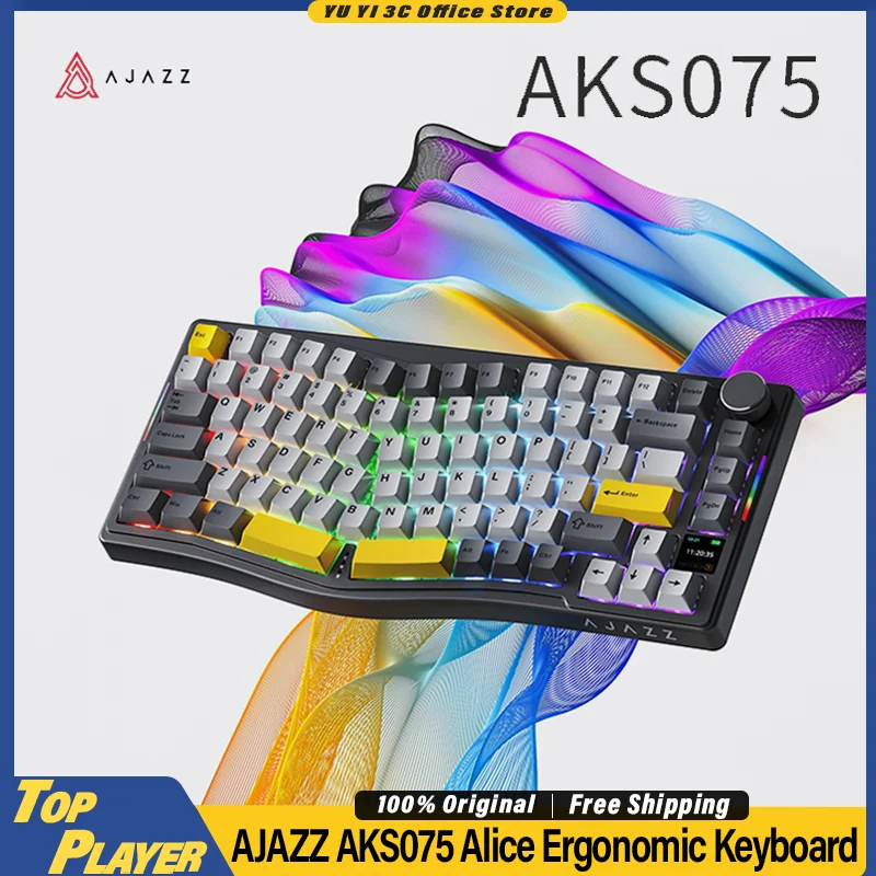 AJAZZ AKS075 لوحة المفاتيح الميكانيكية المخصصة أليس مريح قابل للتبديل السريع لتقوم بها بنفسك TFT عرض RGB 5000mAh BT 2.4G لوحة المفاتيح اللاسلكية