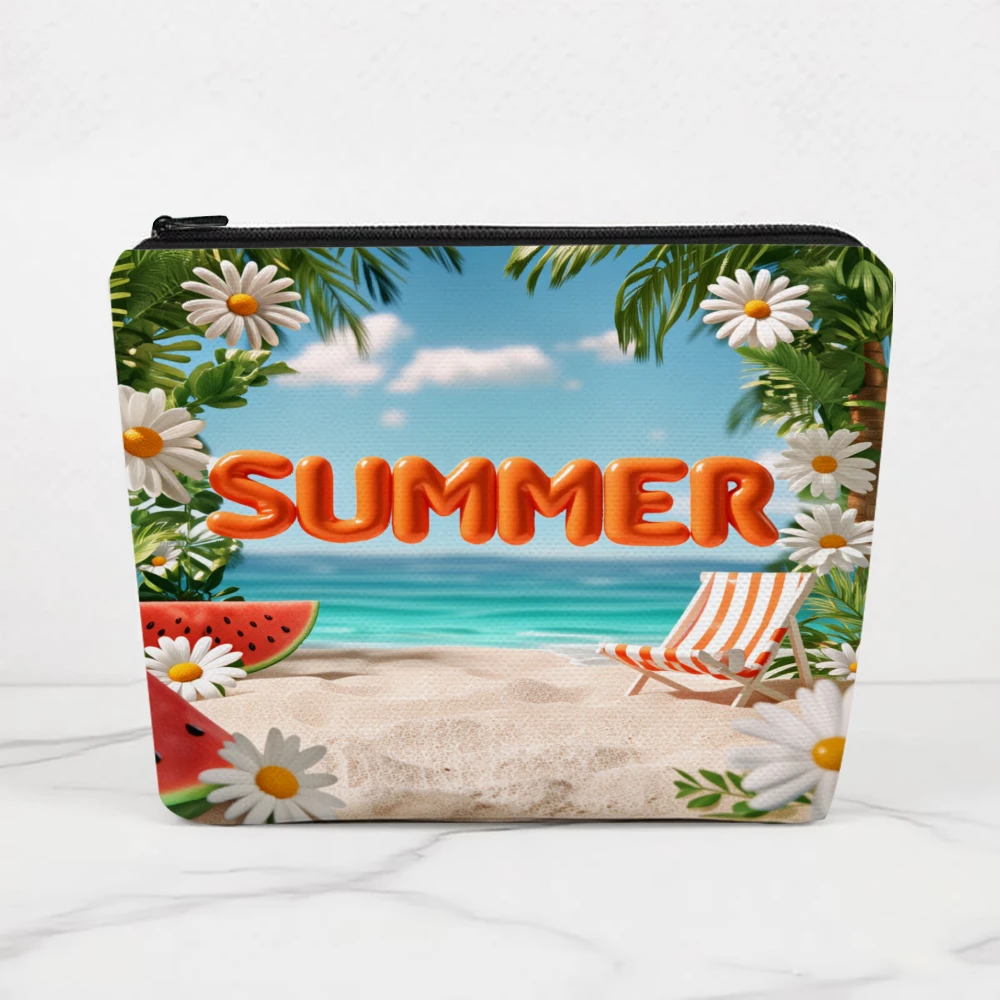 Summer Beach Scene With Flowers Makeup Bags for Girls Cosmetic Pouch Toiletry Bag Pencil Case Travel Storage