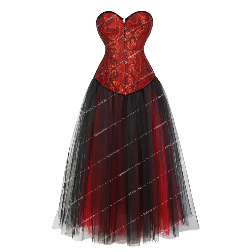 Vintage Corset Skirt Lace Up Bustiers Gothic Embroidered Bustier Floral Korsett Skirts Rave Festival Outfit RolePlay Costume