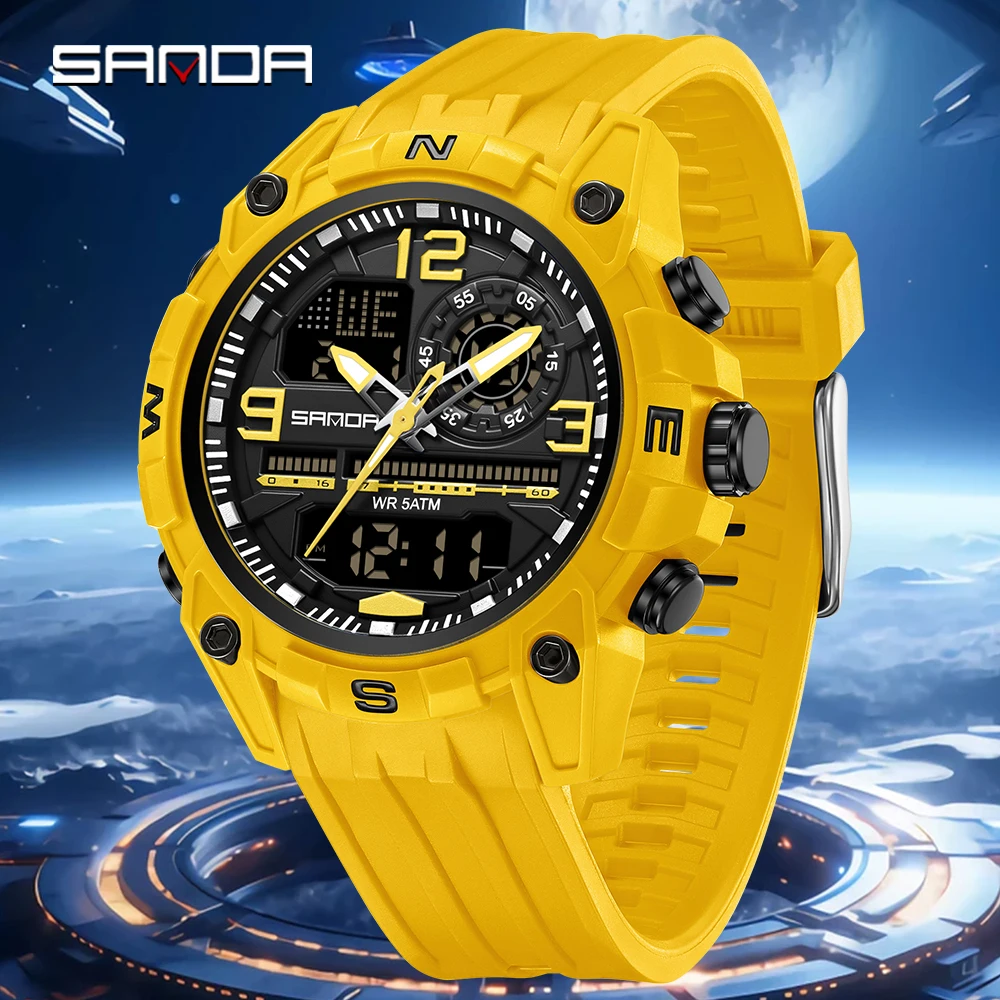 SANDA 6392 Student Electronic Wrist Clock Trendy Fashion Waterproof Week Day Display Digital Analog Watch Alarm Mode Teenager