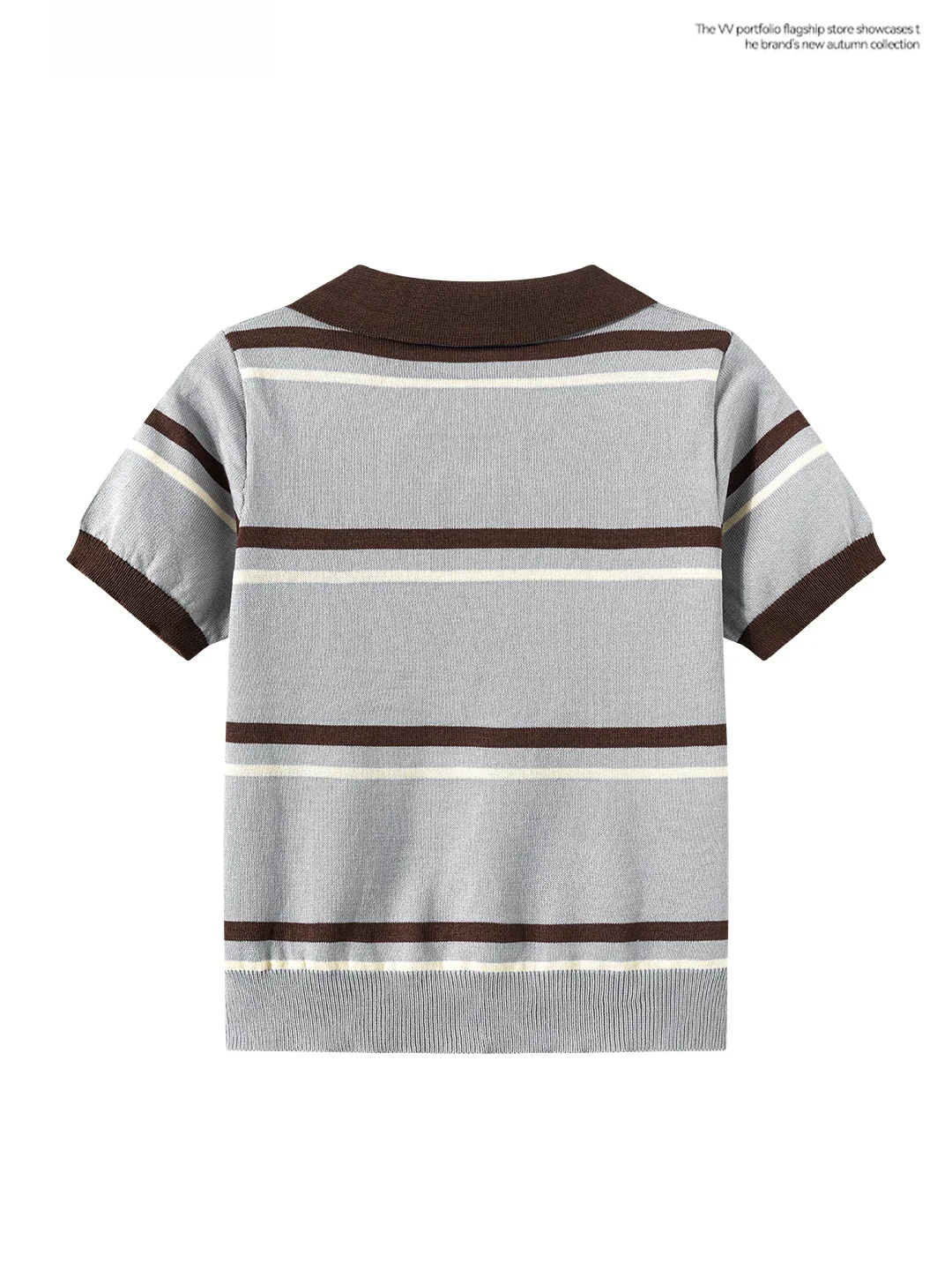 Gray Striped  Neck Knitted Short Sleeve Cardigan Women's Slim Fit Summer Top High Waist Button Detail Commute Style