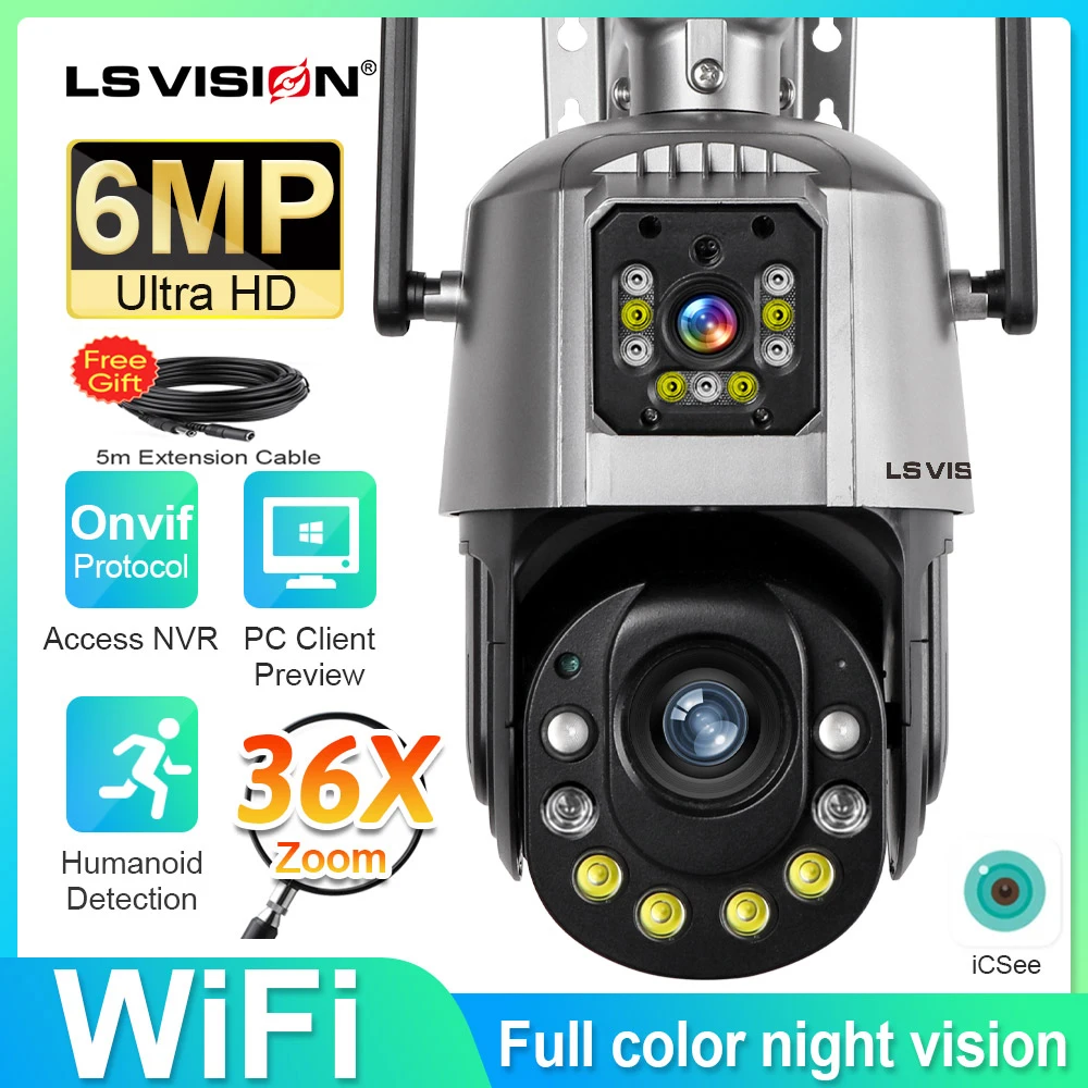 

LS VISION WiFi Camera 36X Optical Zoom Outdoor Security CCTV 6MP Dual-screen Cam With Humanoid Detection ONVIF PC Alexa iCsee