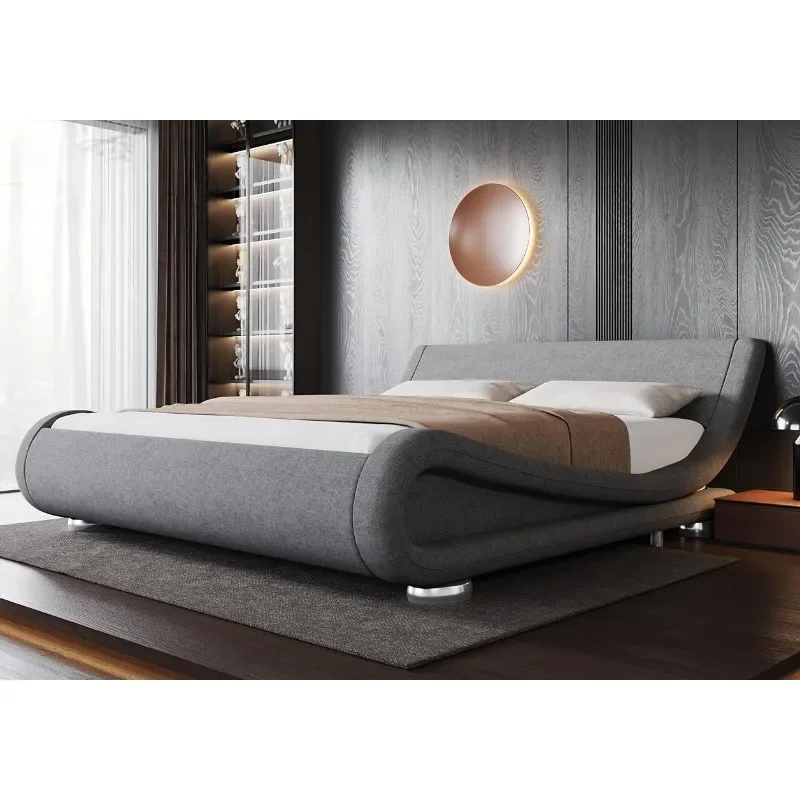 Queen Size Bed Frame with Ergonomic & Adjustable Headboard Low Profile Modern Upholstered Platform Sleigh Design