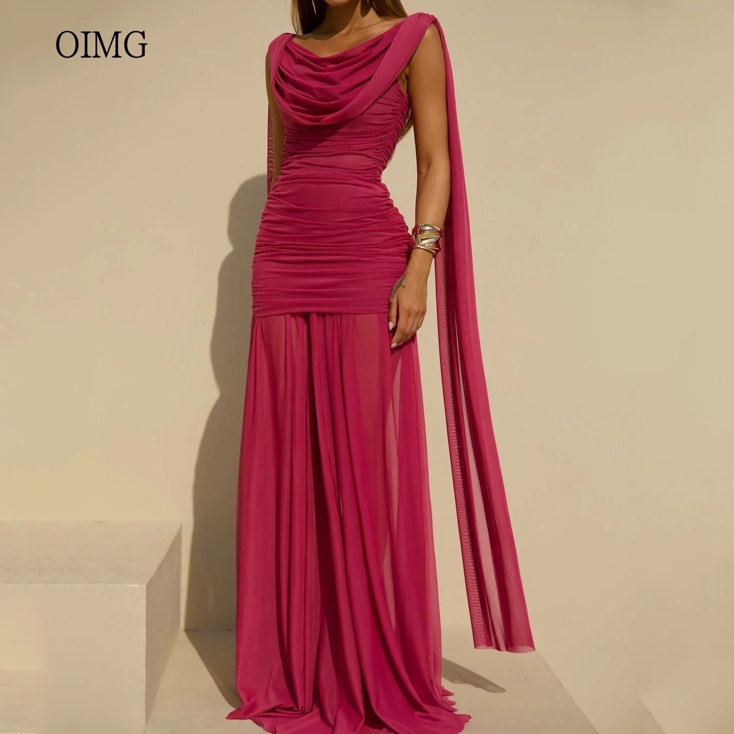 

OIMG Trendy Wide Strap A Line Prom Gowns Backless Tiered Cap Party Gown Floor Length Evening Dress vestidos de gala Customized