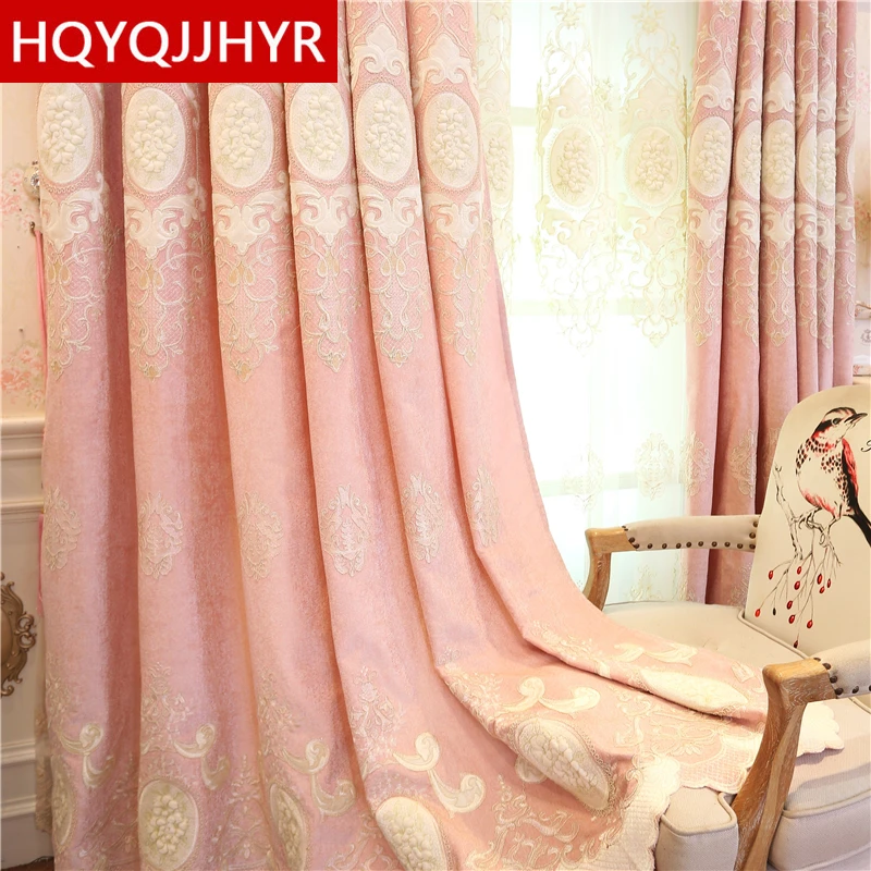 Luxury Chenille Embroidered Curtains Finished Custom for Living Room High Quality Pink Blue Curtains for Bedroom Girls Room