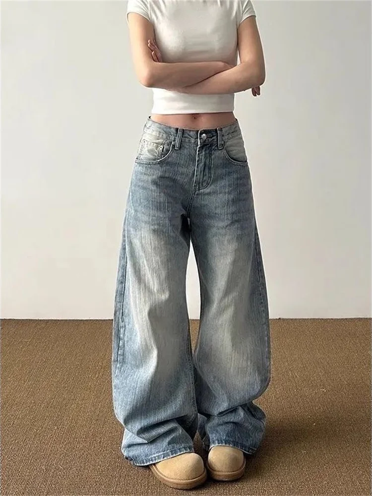 American Vintage Washed Wide Leg Jeans Women High Waist Curved Hem Loose Straight Trousers Slim Floor Length Denim Pants