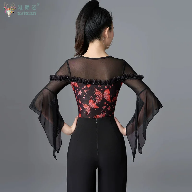 Modern Dance Top Women's National Standard Dance Bell Sleeves Latin Dance Costume Tops Competition Performance Practice Clothg