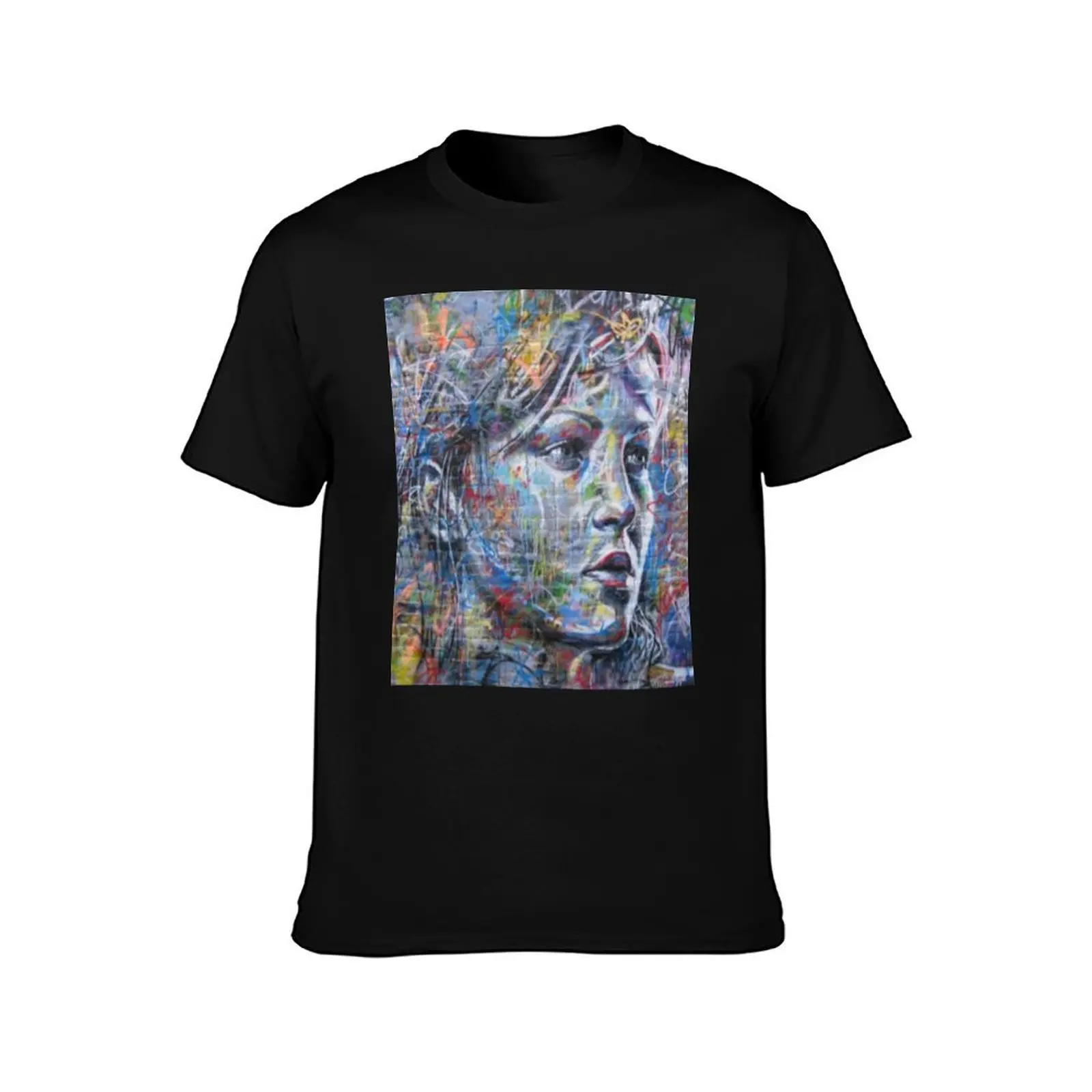 Wall art 2020 of a woman that has been sprayed with graffiti marks. T-Shirt Summer Casual Cotton Tee Unisex Men Women