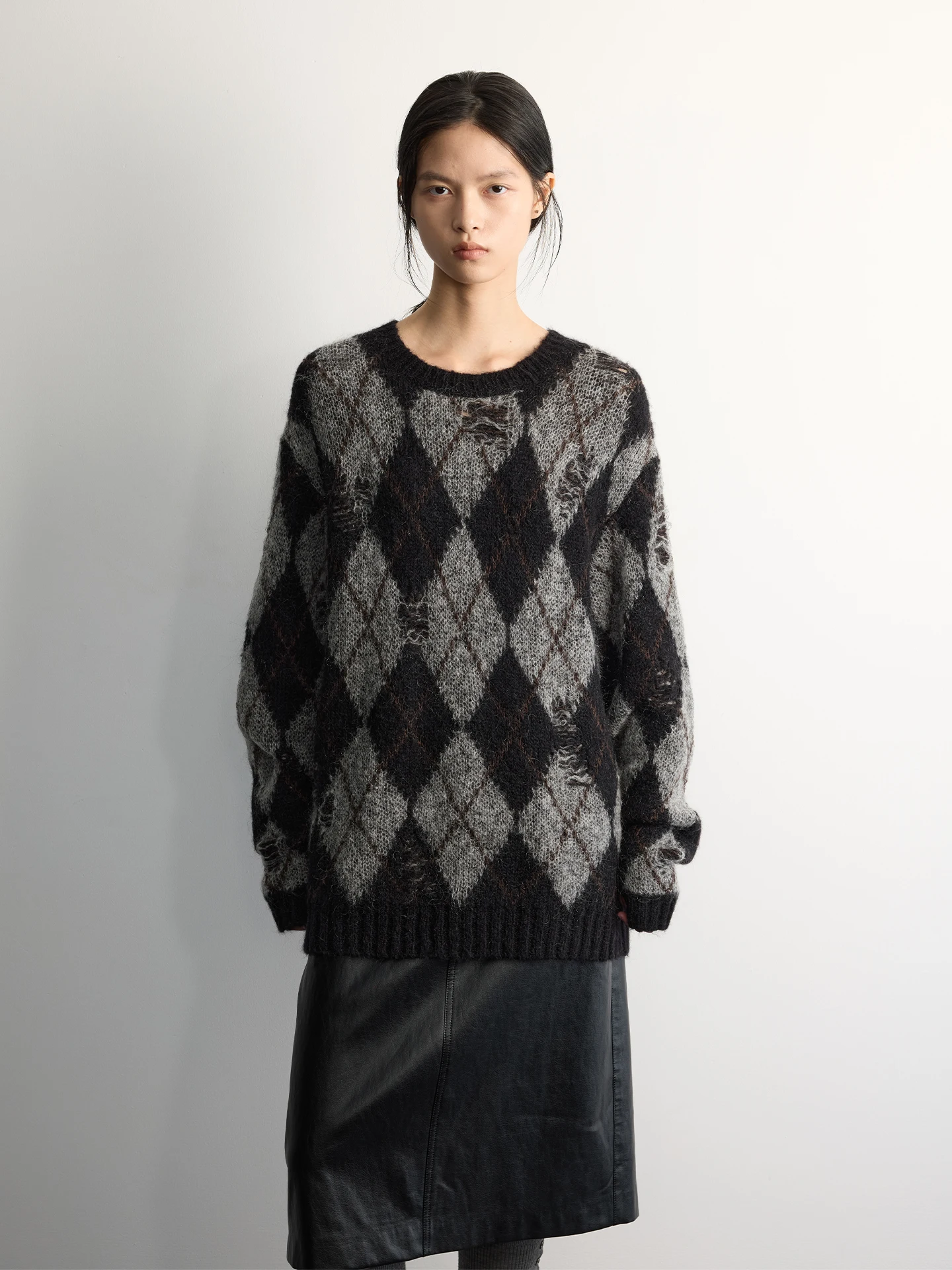 

Повседневный вязаный свитер с длинными рукавами из смесовой шерсти альпака с ромбовидным узором и вышивкой, зимний модный женский свободный трикотаж