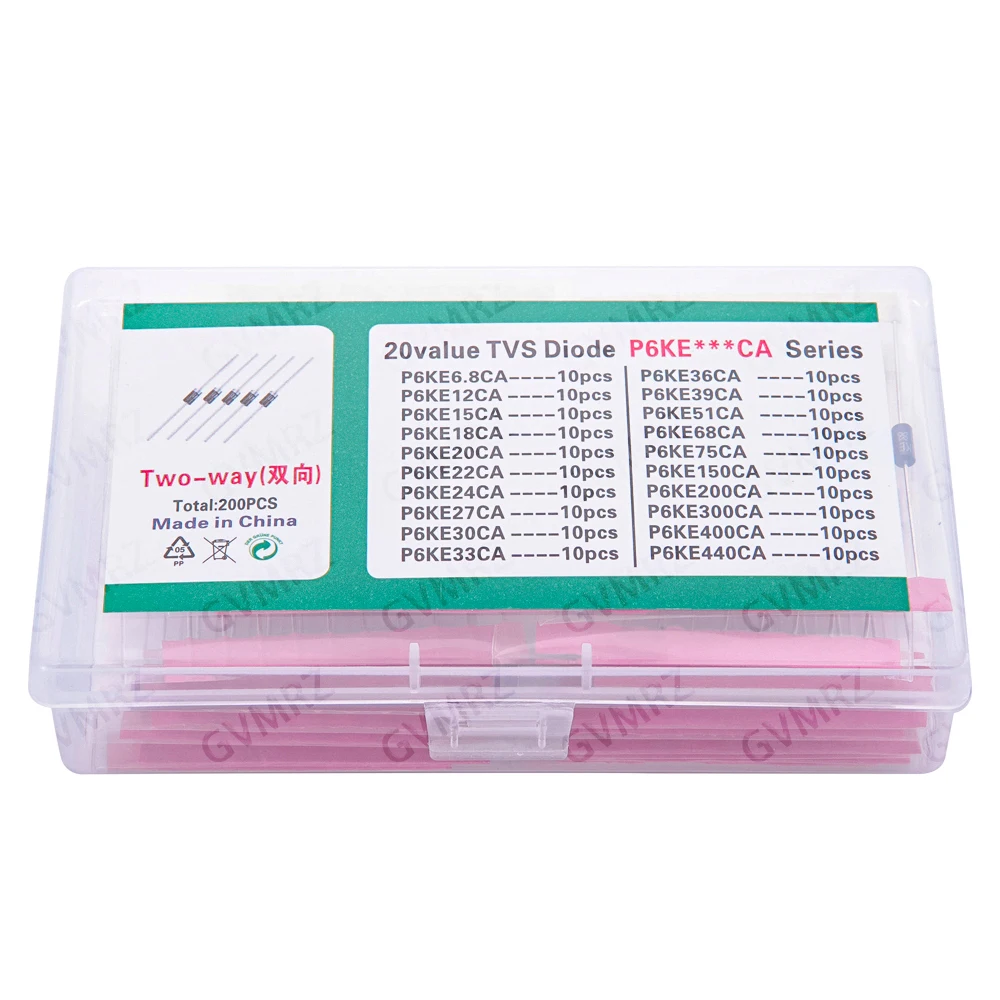 200pcs 20values*10pcs 27/30/33/36/39/51/68/75CA TVS transistor Kit P6KE6.8A/CA 12/15/18/20/22/24/CA TVS Diode