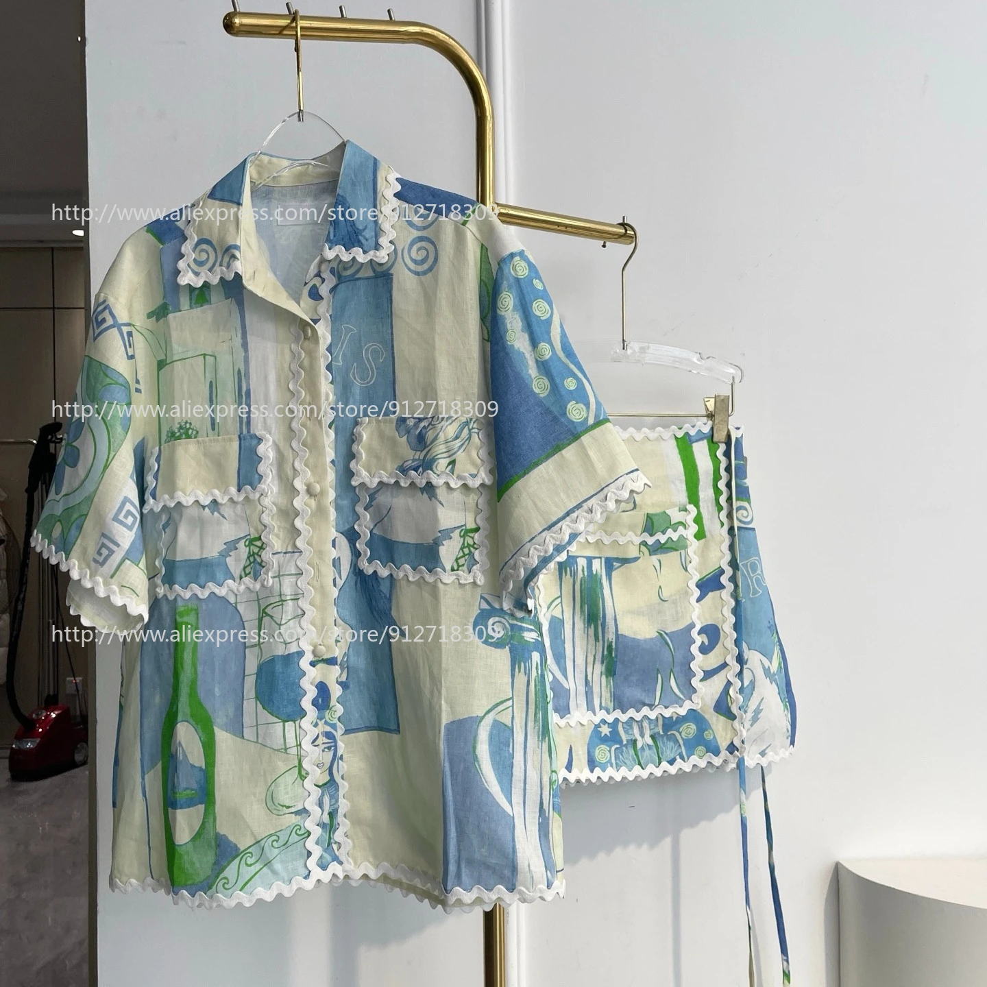 

Женский комплект 2026: блузка с коротким рукавом и мини-юбка с цветочным принтом, светло-голубой, повседневный, 2 предмета