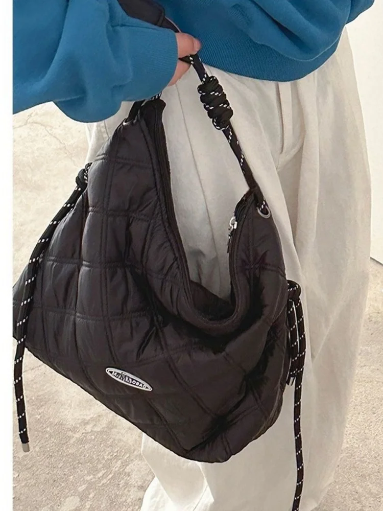 Women Winter Diamond Lattice Crossbody Bag Korean String Letter Handbag Large Capacity Female Lightweight Soft School Bags