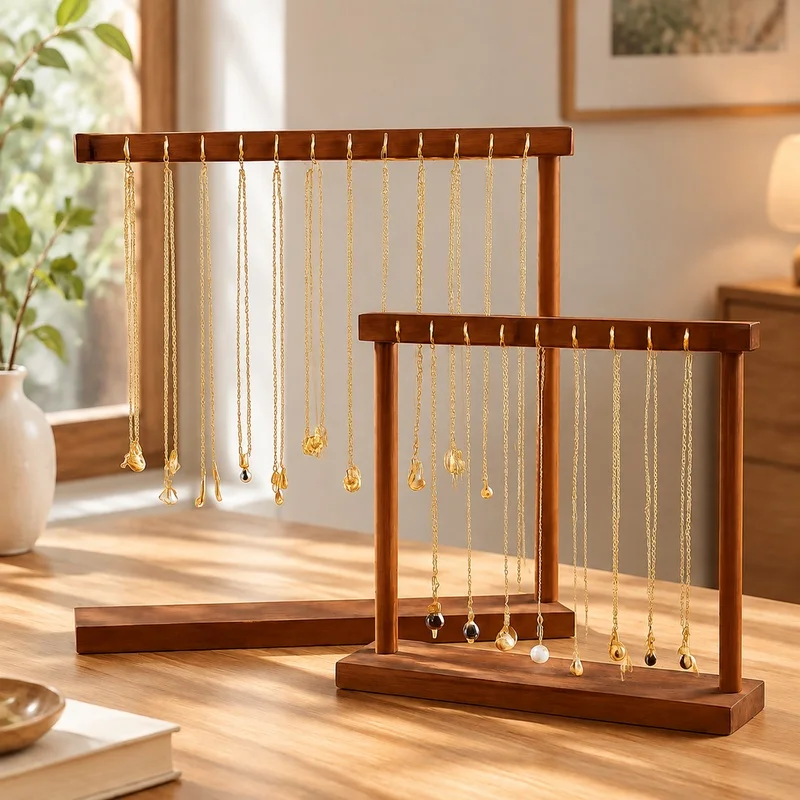 Wooden Jewelry Organizer Stand with Hanging Hooks for Necklaces, Bracelets, and Earrings - Durable Countertop Storage Rack