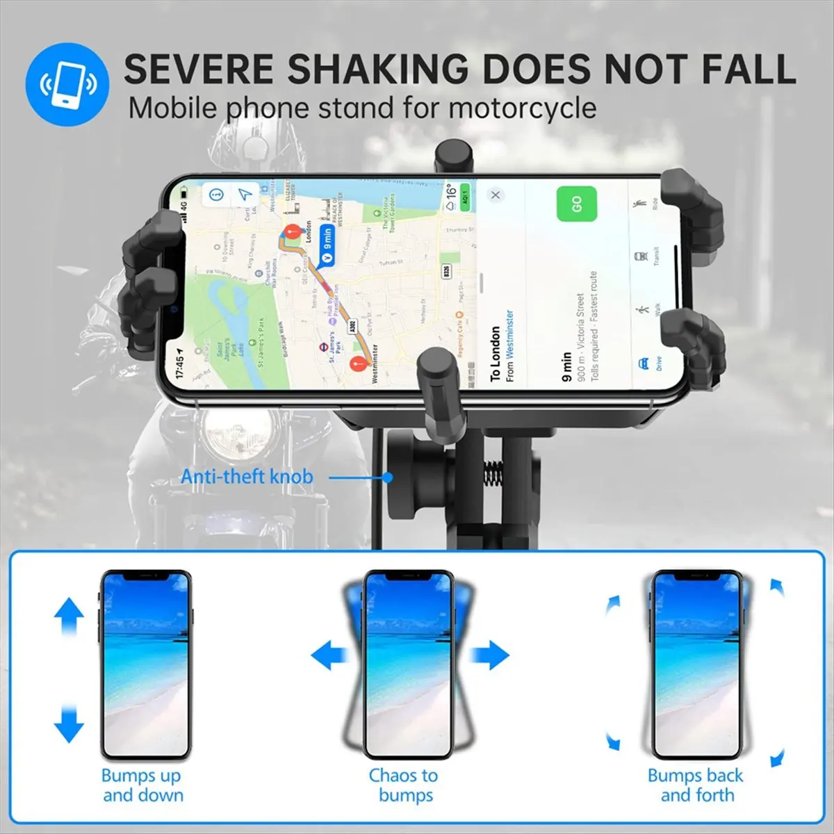 A64I Motorcycle Handlebar Phone Mount with 15W Wireless Charger & Vibration Dampener, Anti-Theft, Adjustable Phone Holder