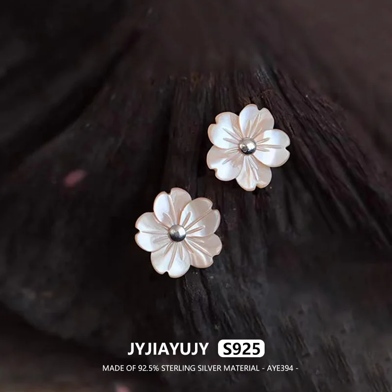 JYJIAYUJY 100% Sterling Silver S925 Stud Earrings Pink Shell Pearl Five Petals Flower Trendy Hypoallergenic Jewelry Gift AYE394