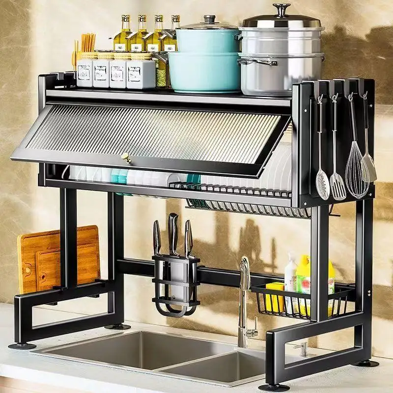 Stainless steel, cross groove kitchen utensil rack with hooks, suction cups, transparent door, can hold pots and utensils