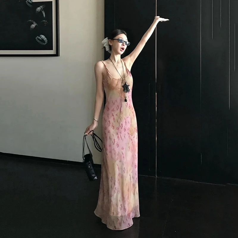 เซ็กซี่พิมพ์ Camis ชุดผู้หญิงเกาหลีแฟชั่น Slim ดอกไม้สปาเก็ตตี้ฤดูร้อน Retro Harajuku แขนกุดพรรค Vestidos