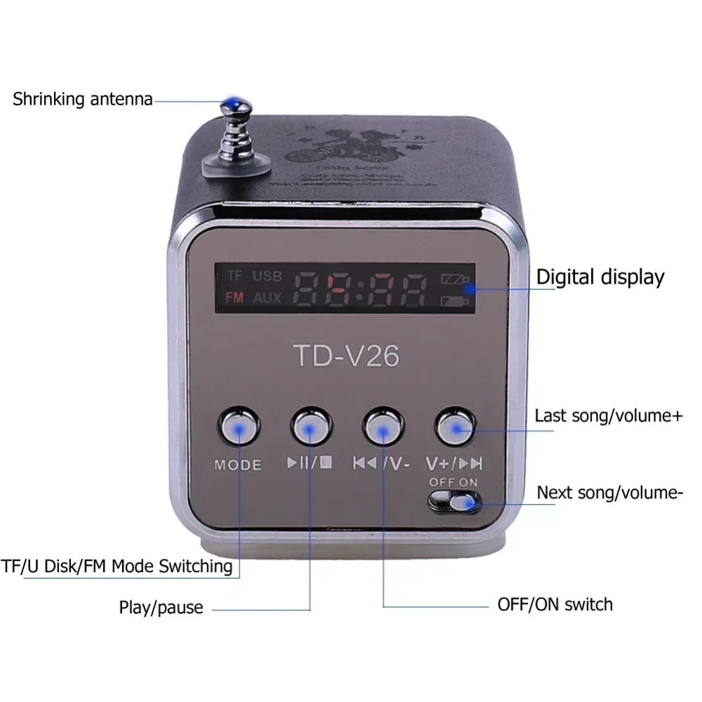 TD-V26 TF Card FM Radio Music Player Bluetooth Mini Portable Sound Speakers speaker bluetooth Speaker AUX Stereo