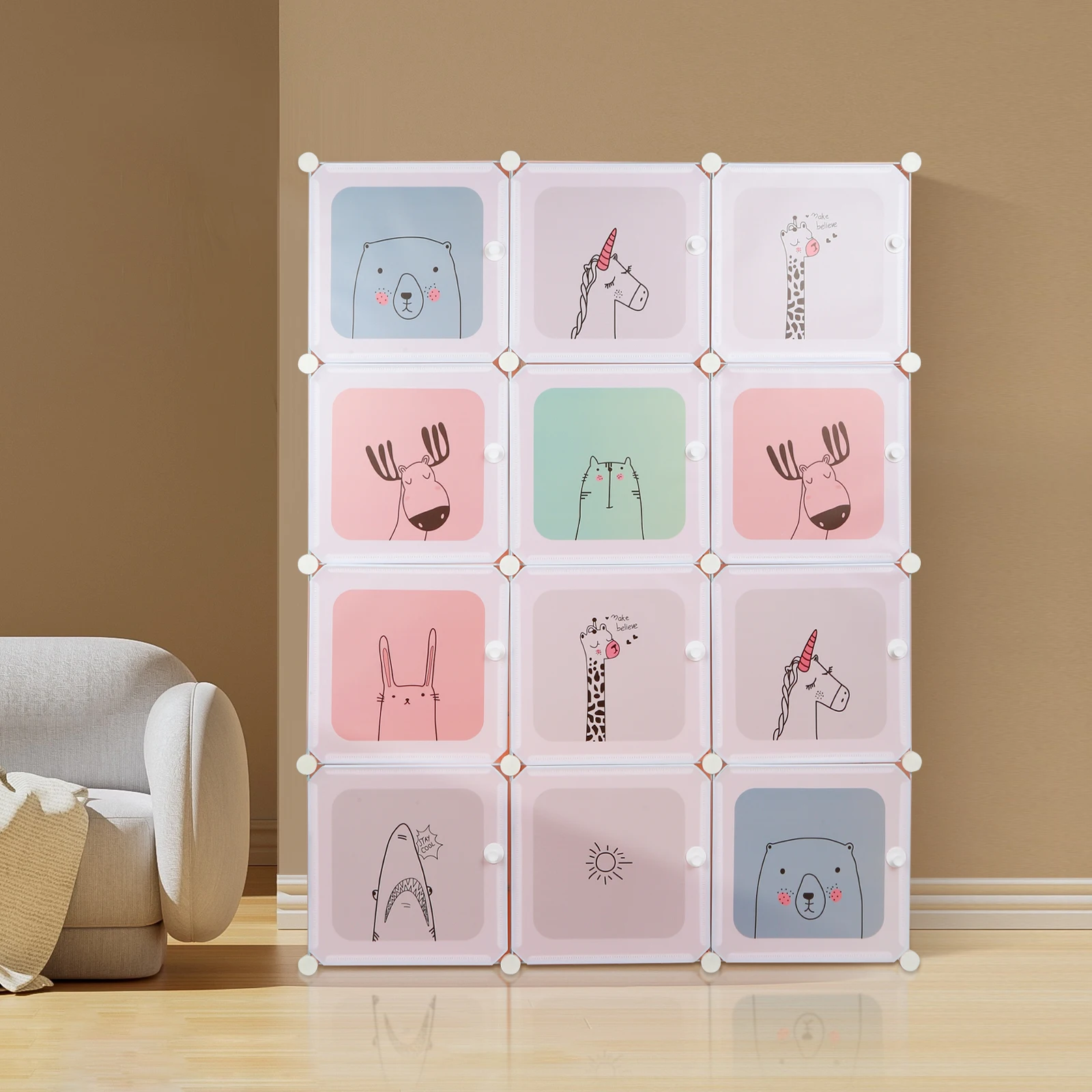 Modulair kinderkastje met 12 roze/blauwe polypropyleen blokjes
