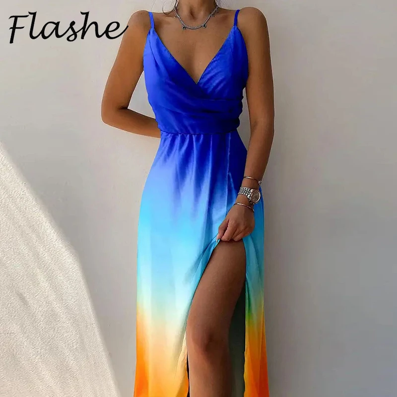 Sexy High Split Up długa sukienka kobiety letni nadruk Party Dress 2022 bez rękawów V Neck eleganckie sukienki dla kobiet wieczorowa szata