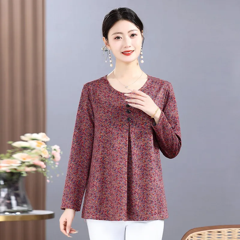 Middle-aged Mother Short sleeve T-SHIRT Spring Summer Shirts Loose O Neck Fashion Elegant Print Blouses Female Casual Tops