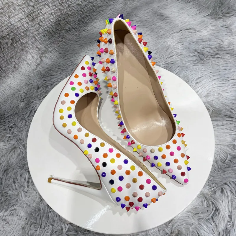 

Colorful Rivets Studs 12 cm Stiletto Heels Pumps Pointed Toe Shallow Slip On Full Spikes Party High Heels Evening Shoes