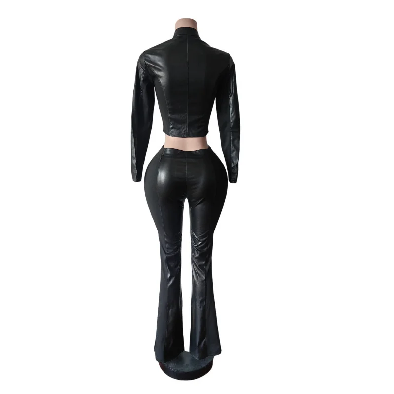 Doyerl PU Faux Leather Two Piece Set Woman Fall Winter Patchwork Long Sleeve Zipper Jacket Top and Flare Pants Matching Sets
