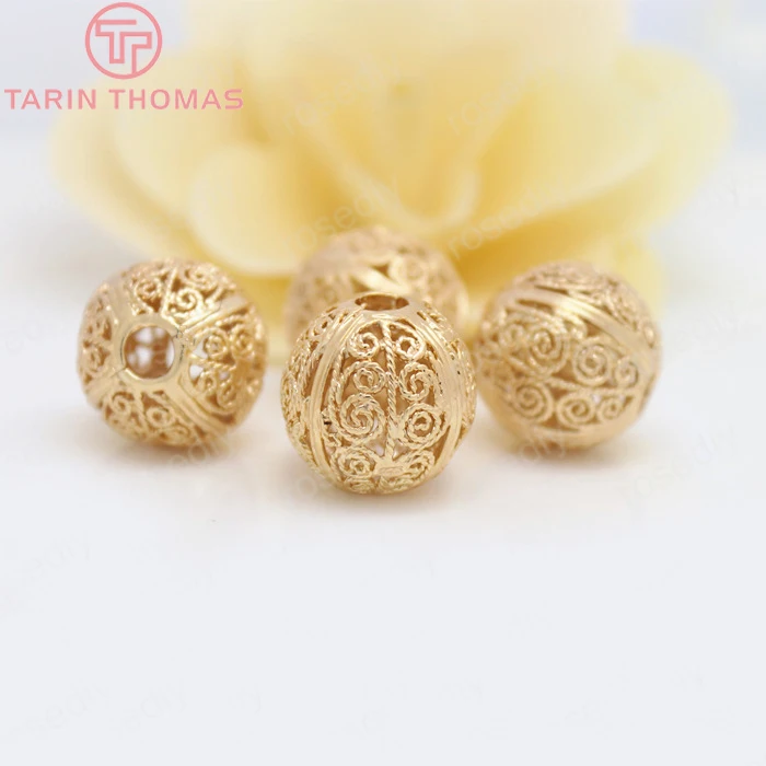 (2932)4PCS 17MM 24K Gold Color Plated Brass Round Hollow Spacer Beads Bracelet Beads High Quality Jewelry Accessories