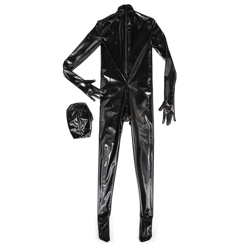 Men's PVC Shiny Jumpsuit Sexy Cosplay Faux PU Leather Wet Look Bodysuit Penis Hole Convex Pouch Leotard Tight M-5XL Shapewear